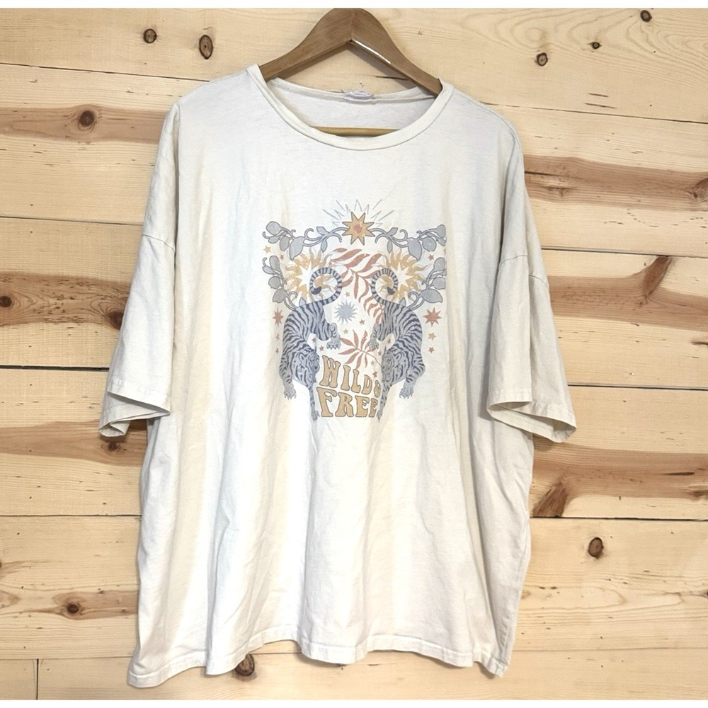 Chic Soul Womens 2XL Wild Free Tiger Graphic Tee Boho Cream Cotton T Shirt